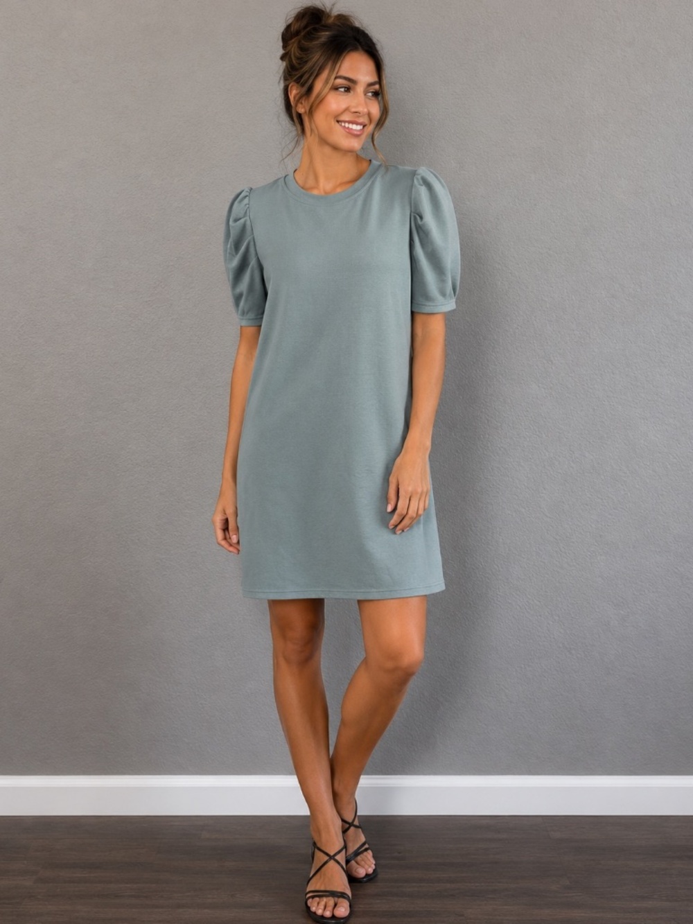 NWOT CYNTHIA ROWLEY Slate Blue Puff Sleeve Jersey Midi Dress Size Small
